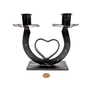 Horseshoe Double Candle Holder W/Heart Artist Made Vintage 90s Rustic Western